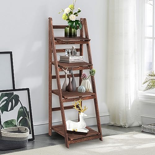 Funkeen Foldable Ladder Shelf Wood Multi Tier Plant Stand Tall Flower Pot Display Outdoor Plant Ladder Plant Holders Indoor Stand Corner Storage Bookshelf for Home Office Balcony Patio Garden White
