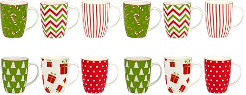 Holiday Fun Porcelain Mugs – Set of 6 Assorted 14 oz Cups with Festive Christmas Designs – Durable Porcelain Coffee or Cocoa Mugs for Holiday Parties, Gifting & Everyday Cheer