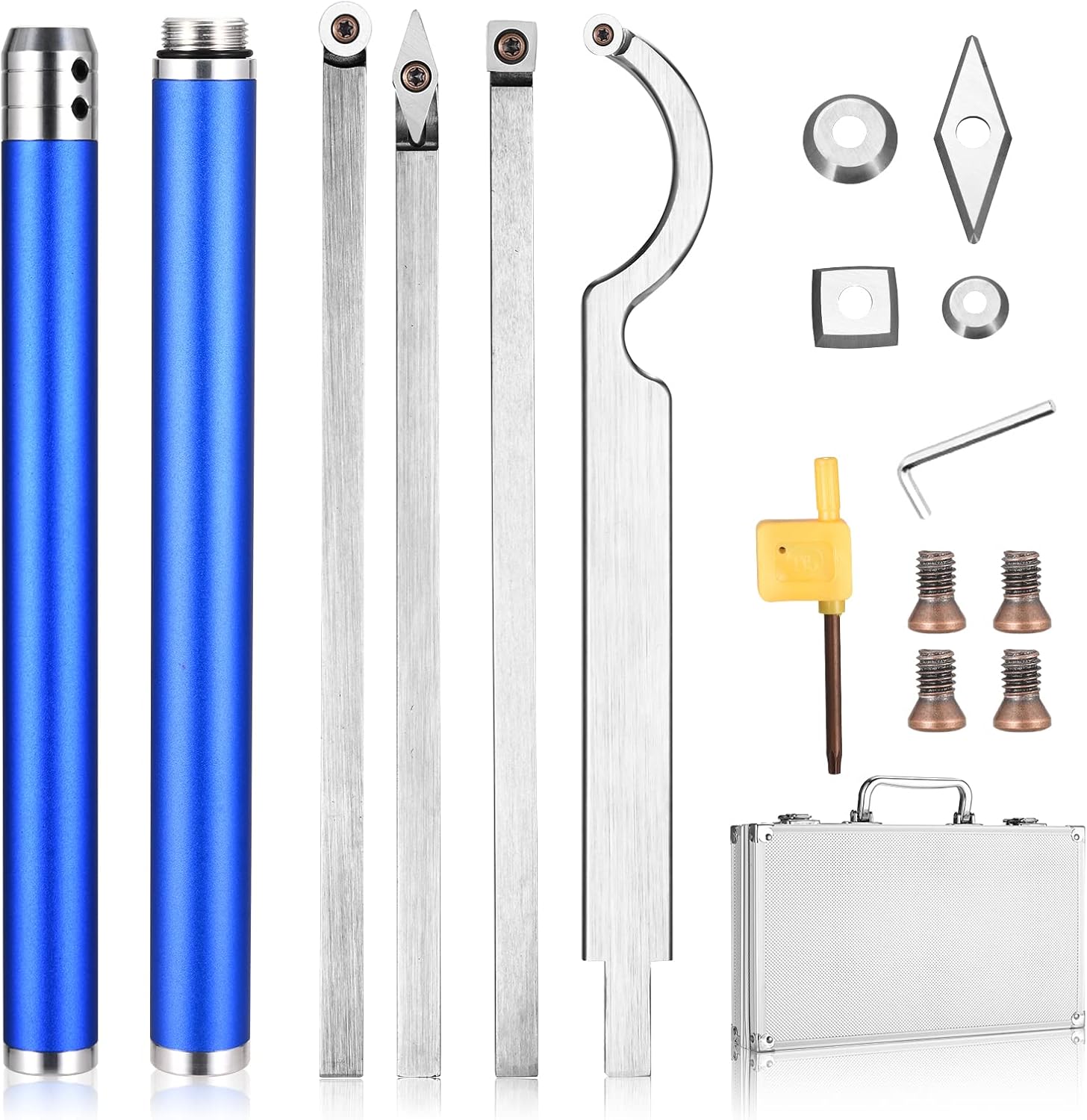 8 in 1 Carbide Turning Tools BITOWAT Wood Lathe Accessories Tipped Woodturning Set with 4 Replaceable Cutter Heads, Aluminum Case, Rougher, Finisher, Swan Neck Hollowing Tools