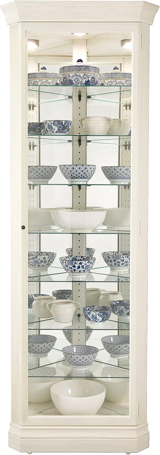 Howard Miller Marlowe IV Corner Curio Cabinet 680-665 – Aged Linen Finish Home Decor, Four Glass Shelves, Five Level Display Case, No Reach Roller Halogen Light