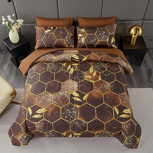 ANGIYUIN Geometric Black Queen Comforter Set, 7 Pieces Modern Foil Print Decor Gold Trim Bed in A Bag, Ultra Soft Lightweight Duvet Insert for All Season (Black Queen)