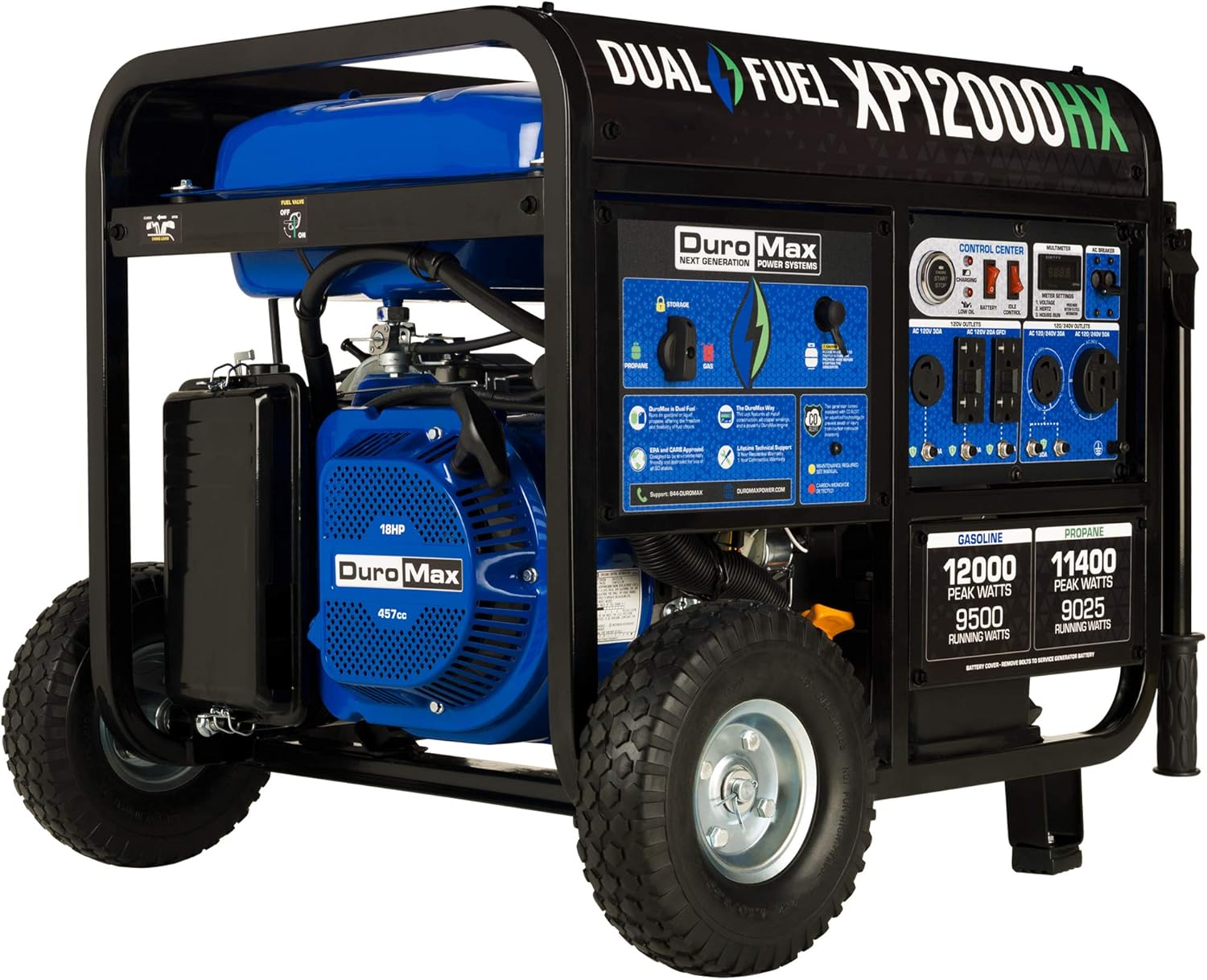DuroMax XP5500HX Dual Fuel Portable Generator-5500 Watt Gas or Propane Powered Electric Start w/CO Alert, 50 State Approved, Blue