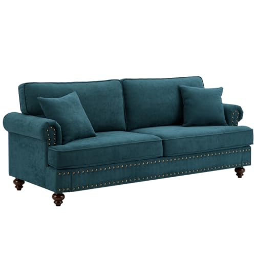 Chesterfield Sofa Classic Large Sofa Fabric Modern 3 Seater Button Tufted Couch Furniture with Rolled Arms and Nailhead for Living Room Office Bedroom Apartment Green
