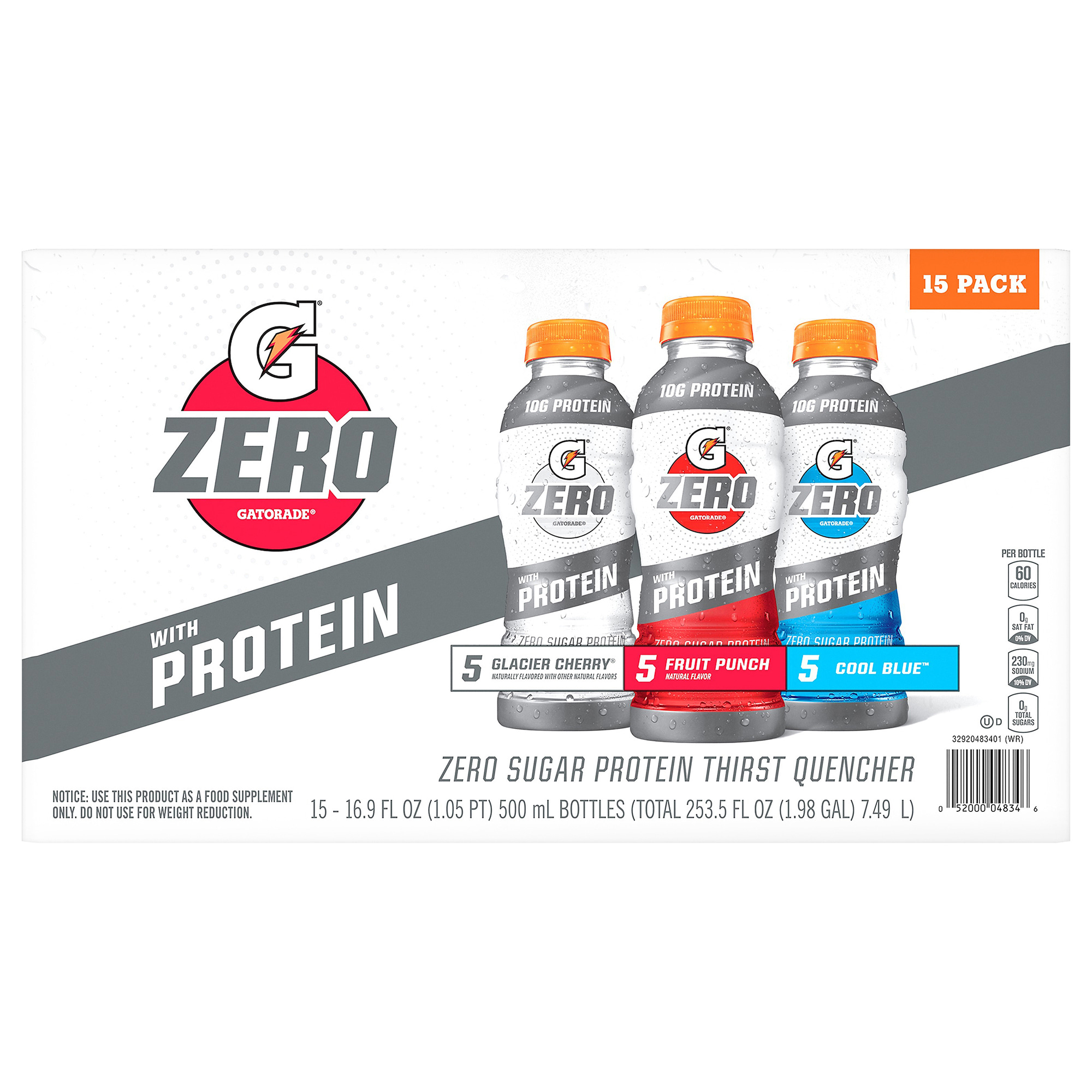 Gatorade G Zero with Protein Variety Pack, 16.9 Fluid Ounce (15 Pack)