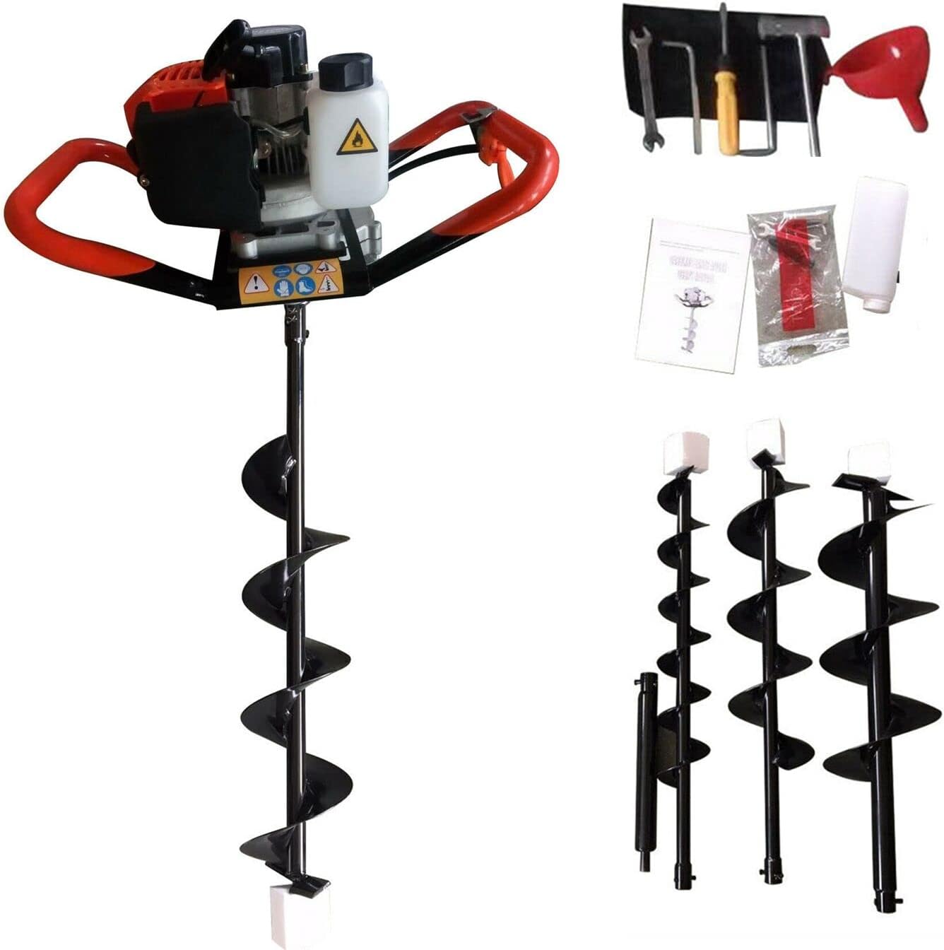 52cc Post Hole Digger Gas Powered, 2-Stroke Earth Auger Post Hole Digger with 3 Replacement Drill Bits (4