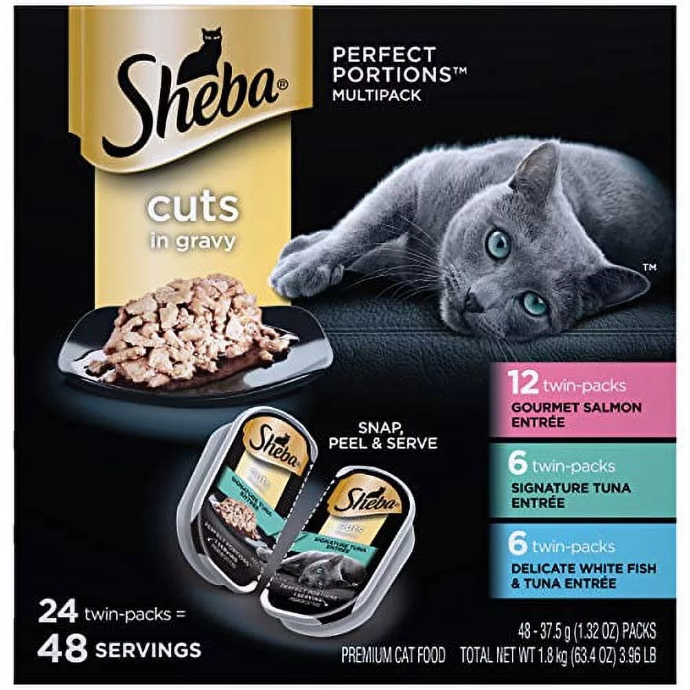 SHEBA Perfect Portions Soft Wet Cat Food Cuts in Gravy Gourmet Salmon, Signature Tuna, Delicate Whitefish & Tuna Entres Variety Pack 2.6 Oz. (24 Twin Packs)