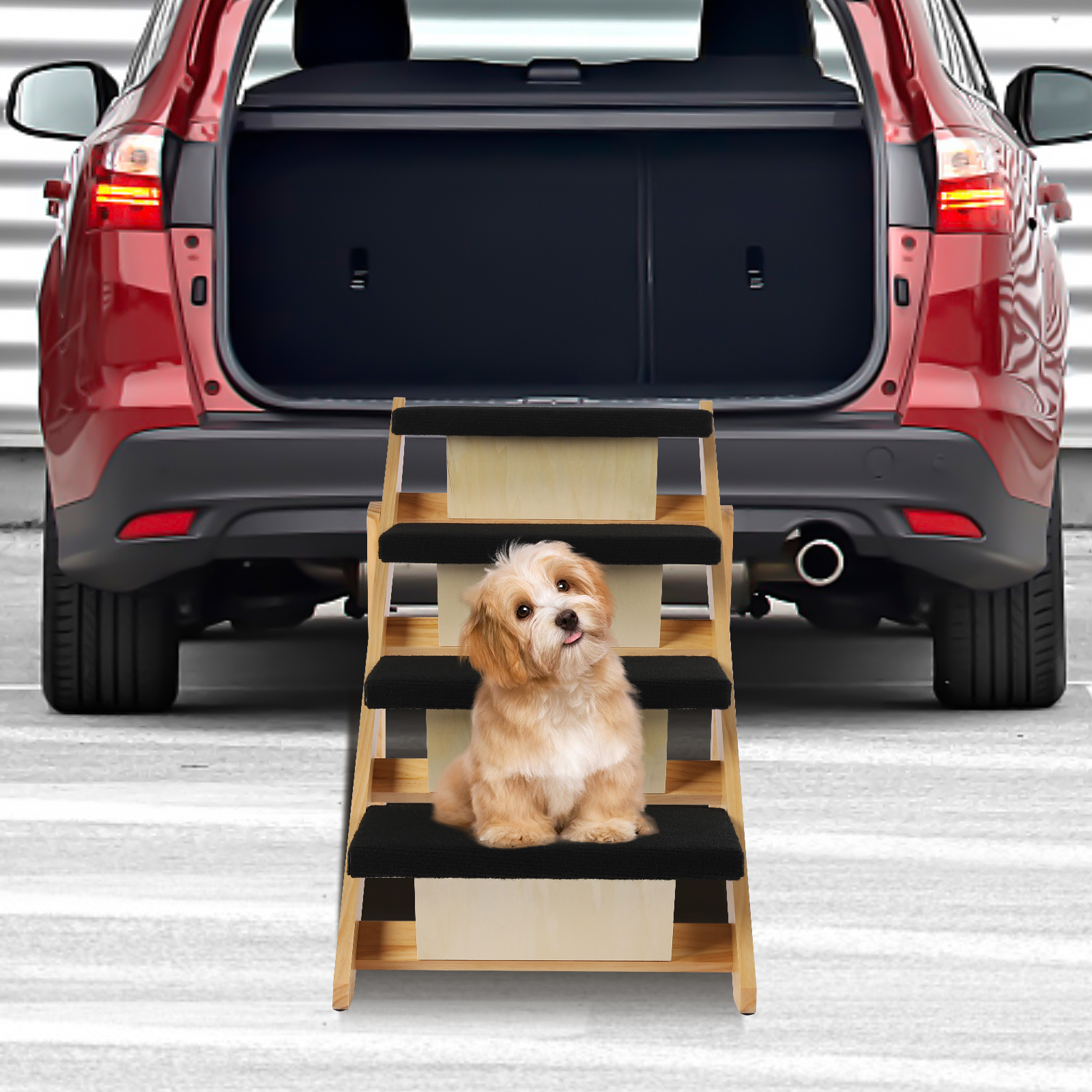 Oukaning Pet Stairs 2-in-1 Dog Ramp Cat Dog Stairs Foldable Pine Wood Natural + Black