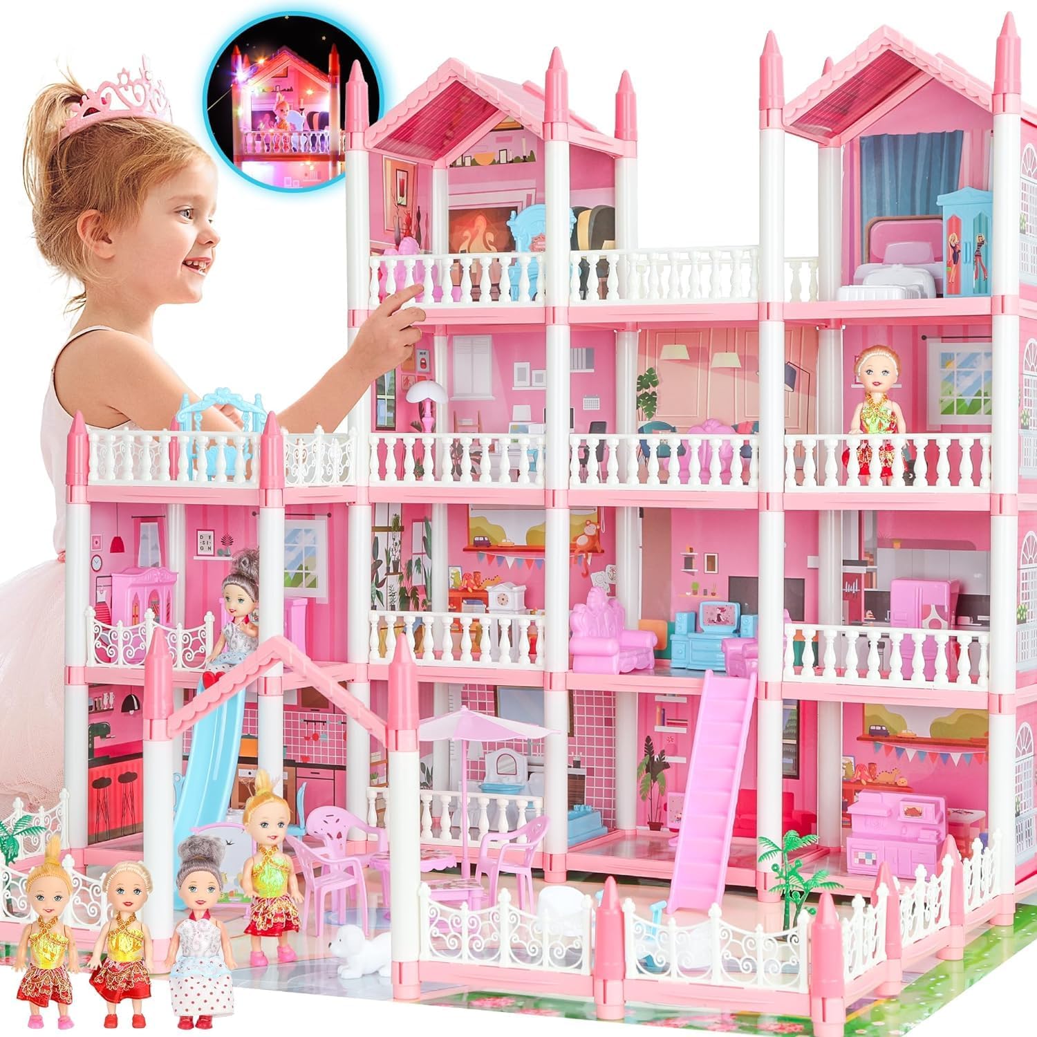 Big Doll House Girl Toys Dream Dollhouse 4-Story 15 Rooms Playhouse with 3 Dolls, Lights, Furniture and Accessories, Pretend Play Toddler Doll Houses for Kids 3 4 5 6 7 8+ Year Old Gift