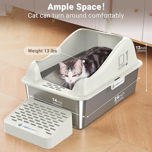 Stainless Steel Litter Box, XL Metal Litter Box with High Wall Sides, Stainless Steel Litter Box with Lid, Never Absorbs Odors, Non-Sticky, Anti-Urine Leakage-Grey