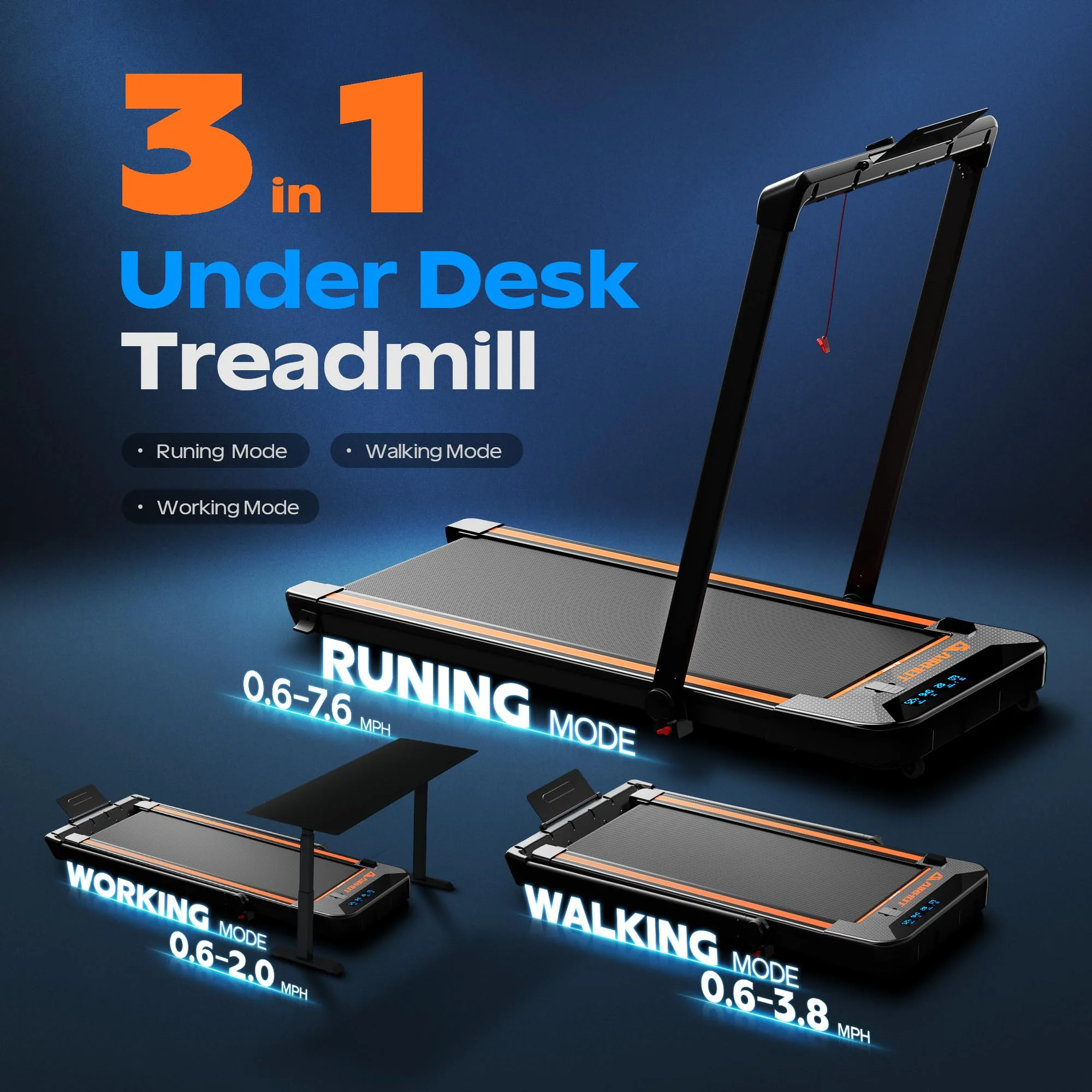 CoolHut Under Desk Treadmill, Walking Pad 3 in 1 Folding Treadmill, Walking Jogging Treadmills for Home Office, 2.5HP Low-Noise Treadmill LED Display and Speed Adjustment, Black