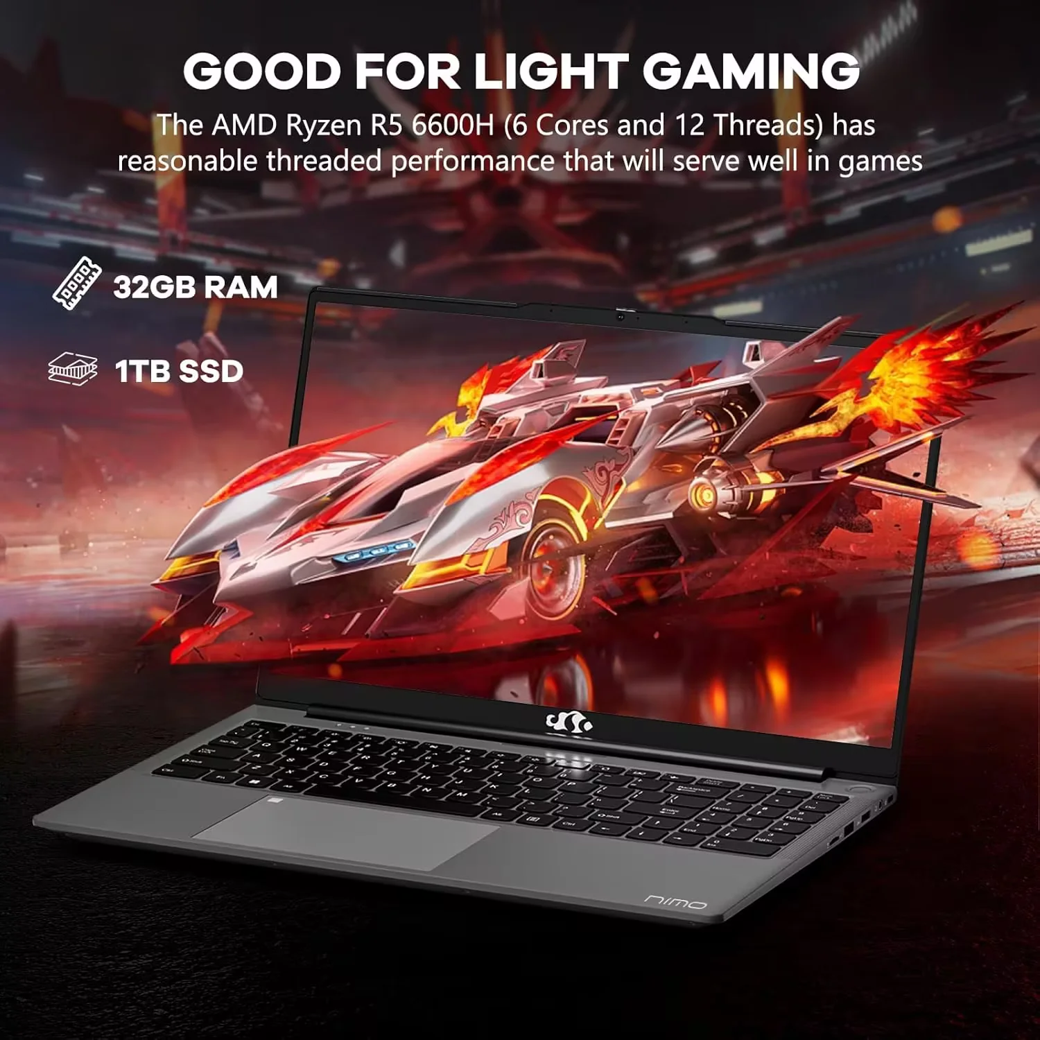 15.6" Business-gaming-Laptop 6-Cores AMD Ryzen 5 6600H 660M 6nm GPU 32GB DDR5 1TB SSD(up to 4.5GHz) Windows11 100W Type-C FHD IPS Laptop-Computer with Fingerprint Backlit Keyboard WiFi5