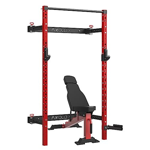Mikolo 2.36'' x 2.36'' Folding Wall Mounted Squat Rack, 1000 Pounds Capacity Power Rack with Weight Bench，Pull Up Bar, J Hooks and Other Attachments, Space-Saving Home Gym