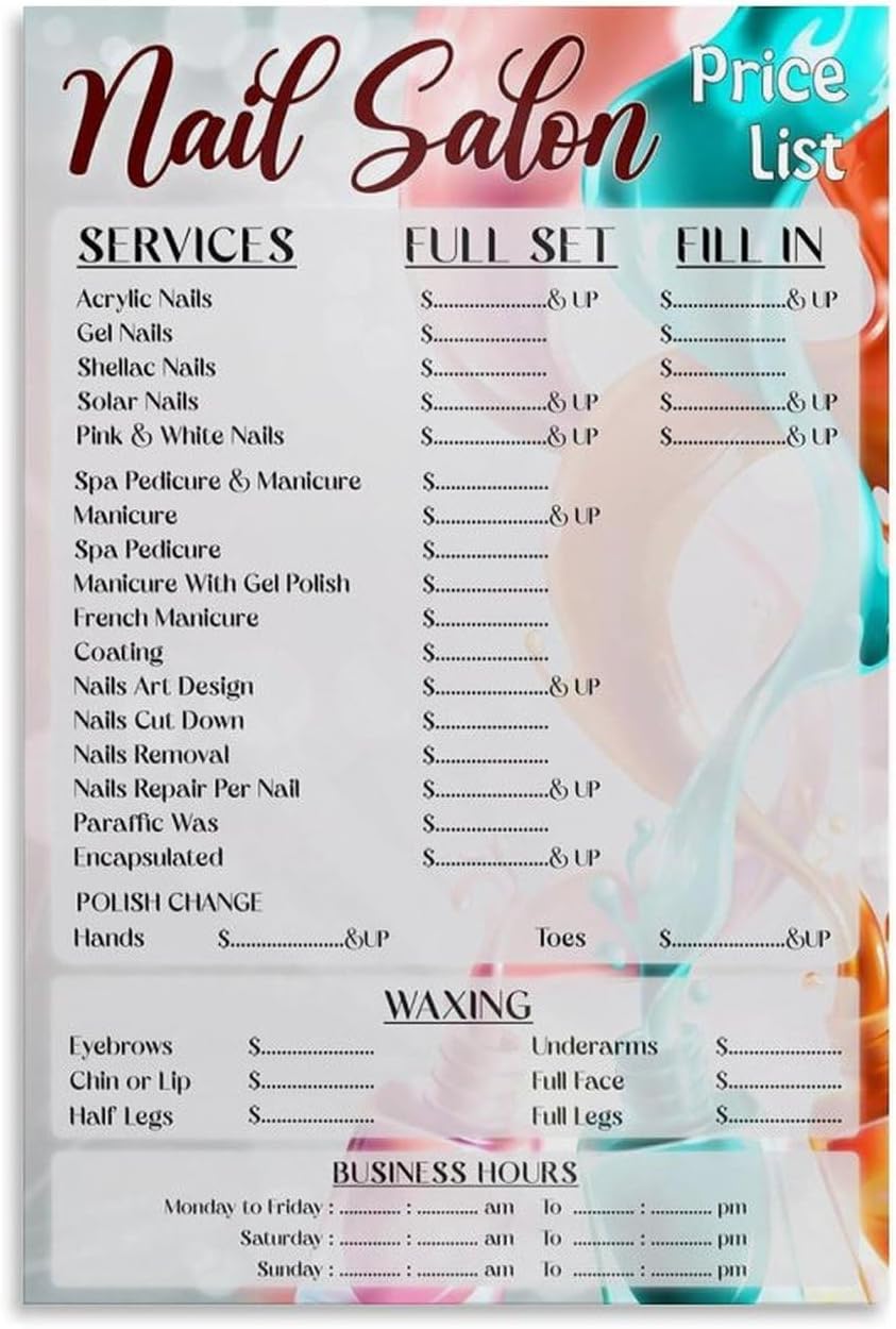 Hair Salon Nail Salon Price List Art Poster Styling Shop Price List Poster Barber Shop Wall Decoration (6) Canvas Poster Wall Art Decor Print Picture Paintings for Living Room Bedroom Decoration Unfra