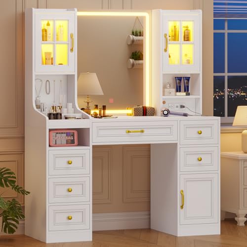 White Vanity Desk with Touch Screen Mirror and Lights, Large Makeup Vanity with RGB Light Cabinets & Charging Station, 6 Drawers, 5 Jewelry Hooks, Vanity Table with Lighted Mirror