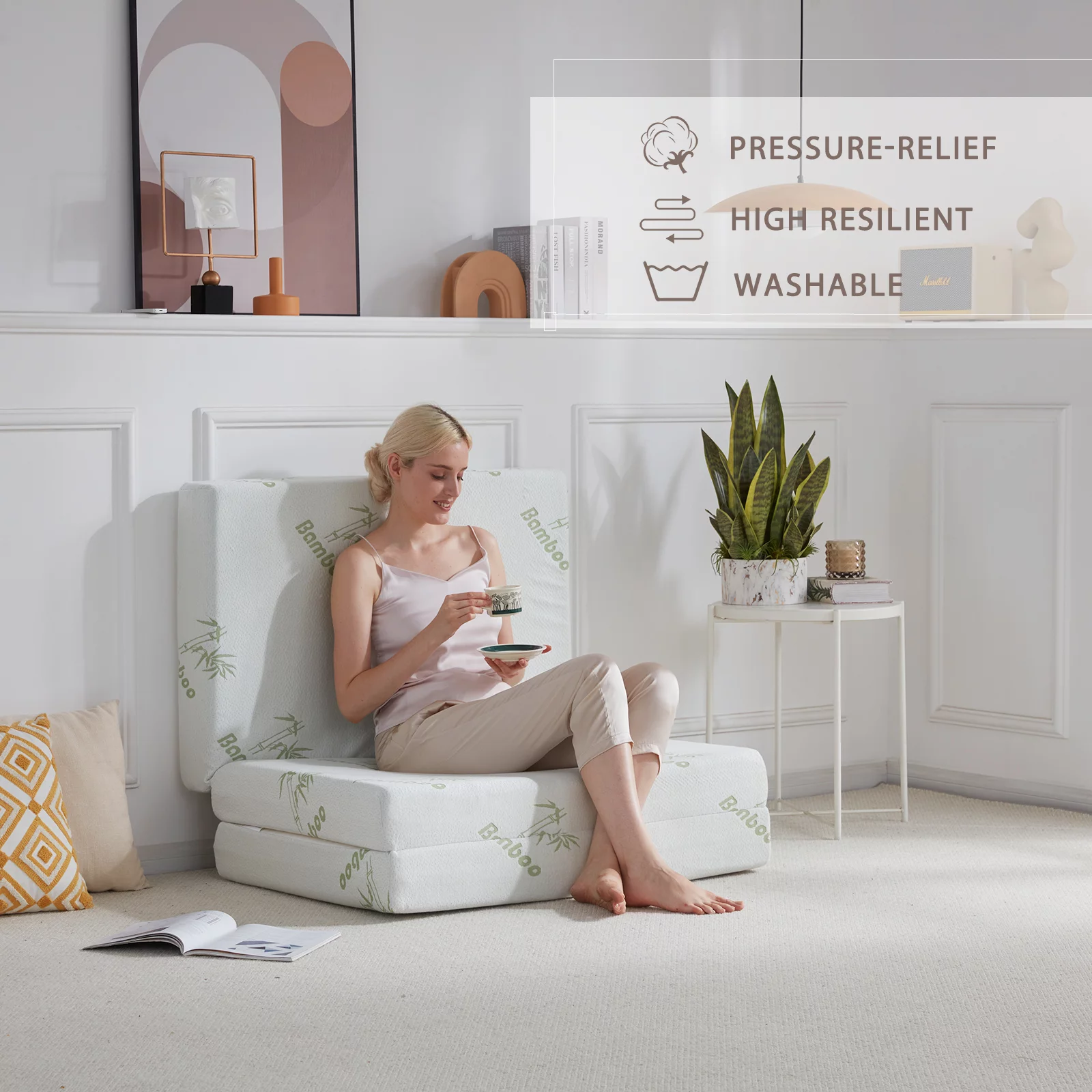 BDEUS 4 Inch Memory Foam Folding Mattress, Foldable Mattress Tri-Folding Mattress Topper with Storage Bag, CertiPUR-US Certified Floor Mattress Guest Bed with Bamboo Cover &Waterproof Lining, Twin