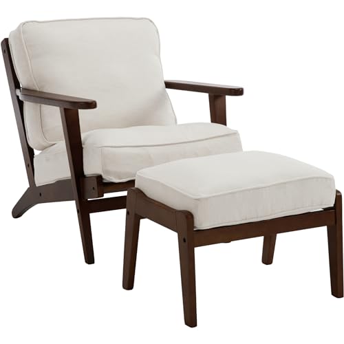 chairus Mid-Century Modern Accent Chair Linen Fabric Upholstered Living Room Chair Comfy Single Chair for Bedroom Reading Room Lounge with Arm & Solid Wood Frame, Fabric Beige