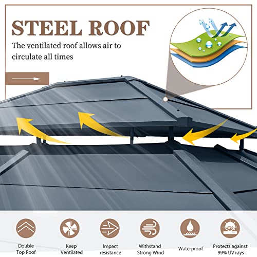 EROMMY 12'x20' Hardtop Gazebo Double Roof Galvanized Steel Canopy Outdoor Aluminum Frame Permanent Metal Pavilion with Netting and Curtains for Patio Backyard Deck and Lawns