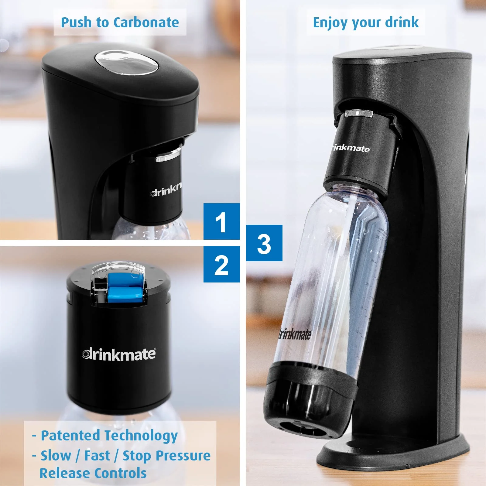 Drinkmate OmniFizz Sparkling Water and Soda Maker, Carbonates Any Drink, with 3oz CO2 Test Cylinder (Arctic Blue)