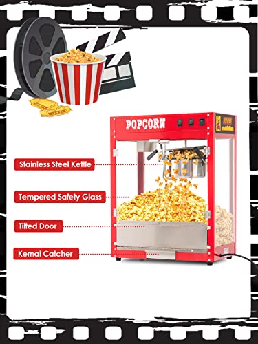 Popcorn Machine with 8 Oz Kettle, Vintage Movie Theater Commercial Popcorn Machine with Interior Light - Red
