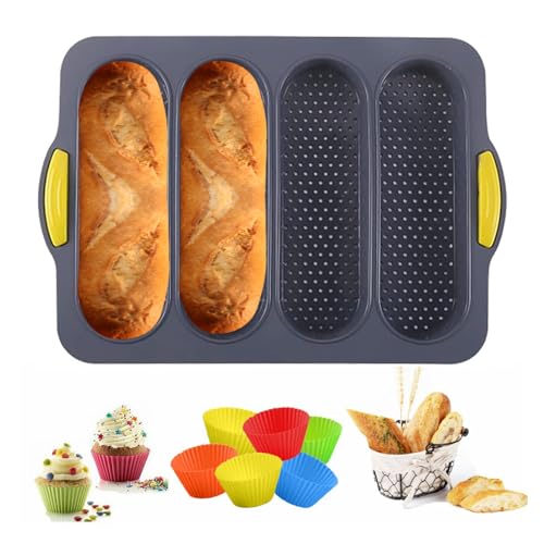 MUJUZE Silicone Loaf Pan Baking Pan for Baking French Baguettes/Hot Dog Buns, bread mold for baking with 6 Muffin Cups,Nonstick &Easy Clean&Heat Resistant Silicone Loaf Pan with Four-hole Baguette
