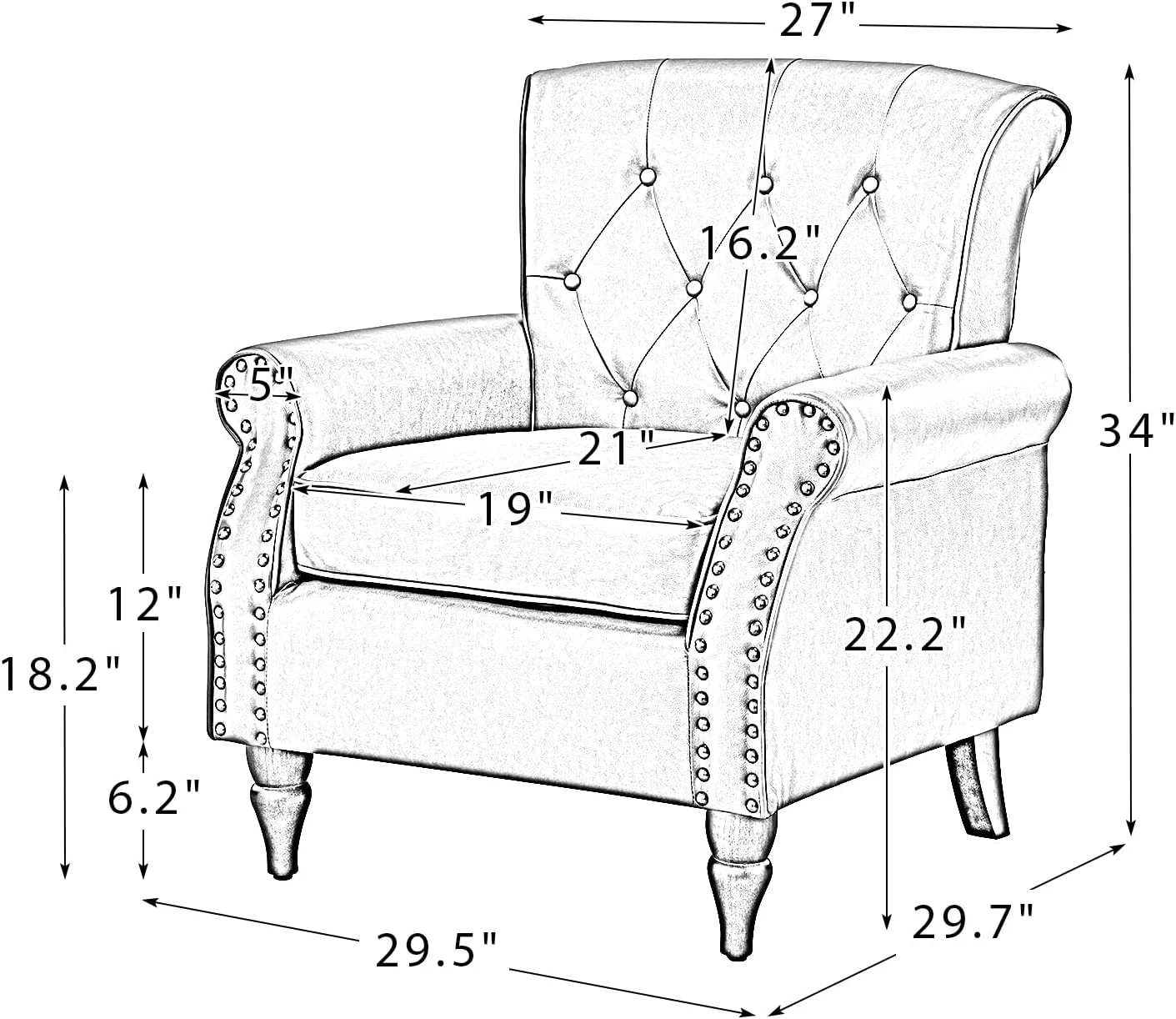 Faux Leather Accent Chair -Century Living Room Armchair With Solid Wood Legs Padded PU Leather Arm Chair Button Tufted Back Sofa Chair For Living Room Bedroom Home Reception, Grey