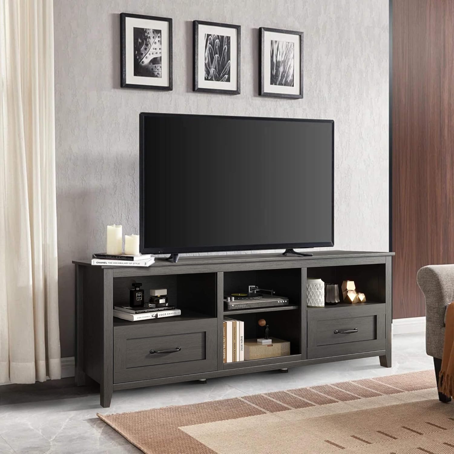 Black TV Stand for 55/65/70/75/80 inch TV, TV Media Center, Modern Entertainment Center with Drawers Wood Storage Cabinet Media Console for Living Room, Bedroom, 70 inch Long
