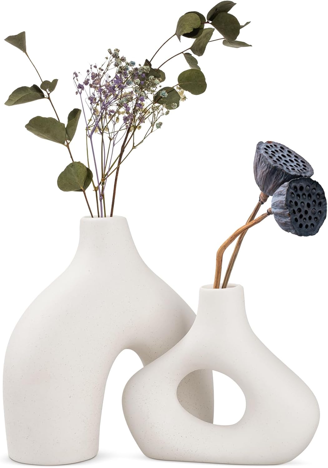 White Ceramic Vase Set of 2 - Minimalist Nordic Style, Matte Donut Vases for Pampas Grass, Ceramic Hollow Donut Vase Decor, Flower Vases for Living Room Wedding Coffee Table Bookshelf Office Decor