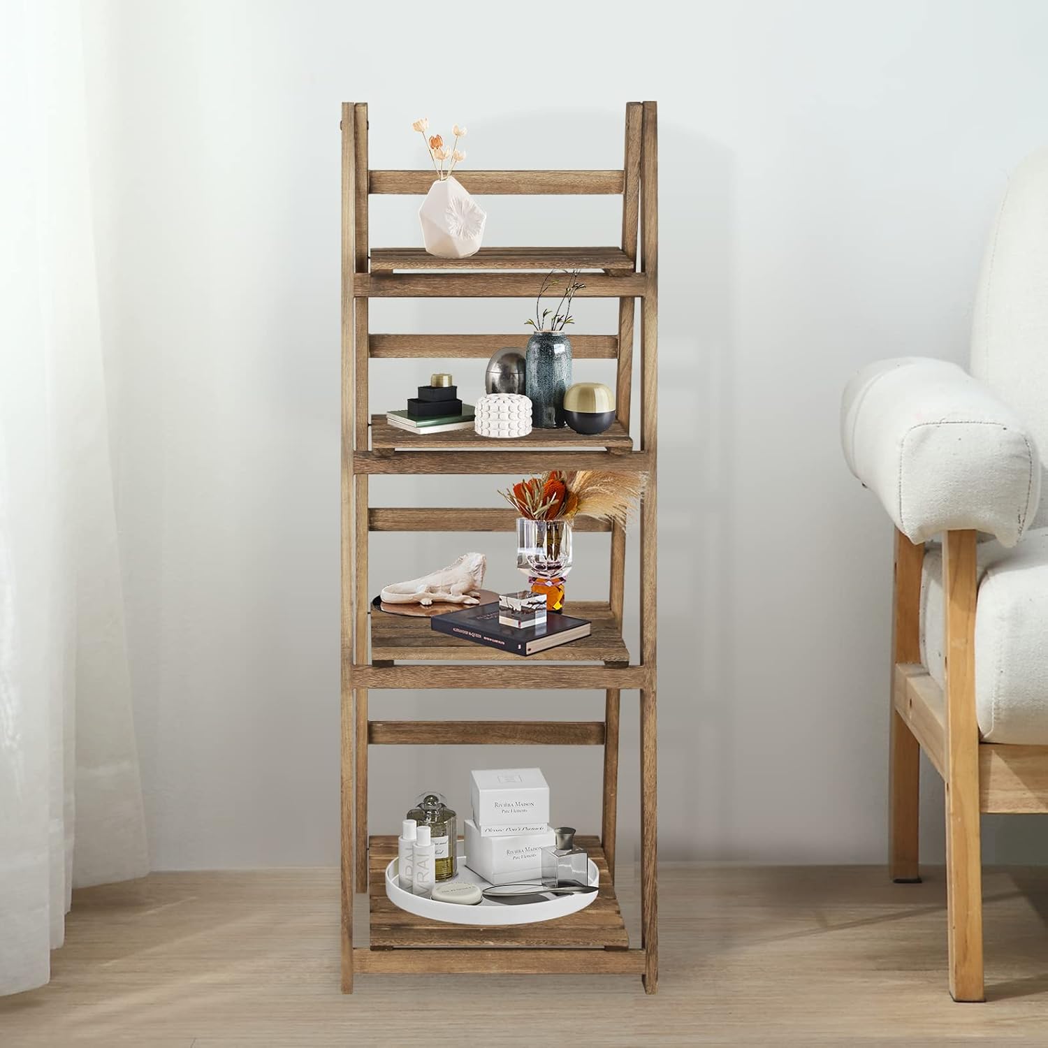 Babion 4 Tier Ladder Shelf, Industrial Home Office Ladder Bookcase and 4 Tier Bookshelf, Wooden Shelf with Stable Frame Plant Stand Storage Rack Shelf, Light Brown
