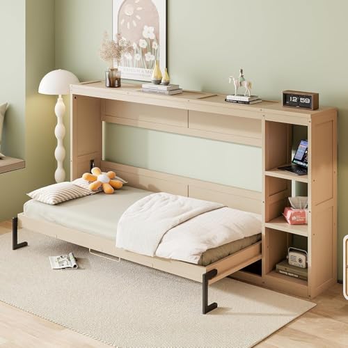 Full Murphy Bed with Storage Shelves,Wood Murphy Bed Cabinet with Storage Bookcase,Fold Up Bed Modern Murphy Wall Bed Full Size (White,Full)
