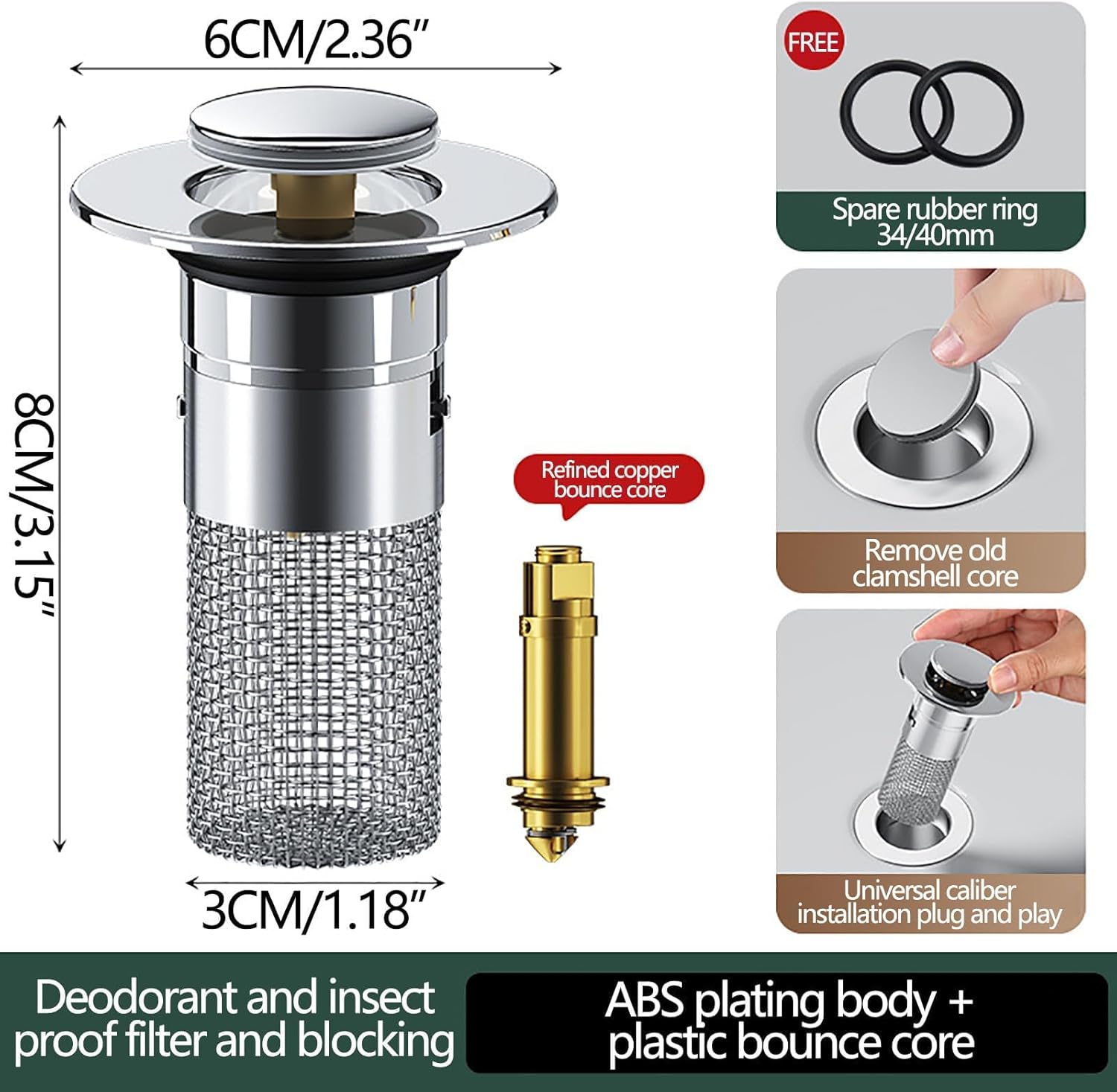 Bathroom Sink Stopper and Hair Catcher 2PCS 304 Stainless Steel Pop-Up Sink Drain Strainer with Removable Stainless Steel Filter Basket Hair Catcher for 1.1''-1.3'' Drain