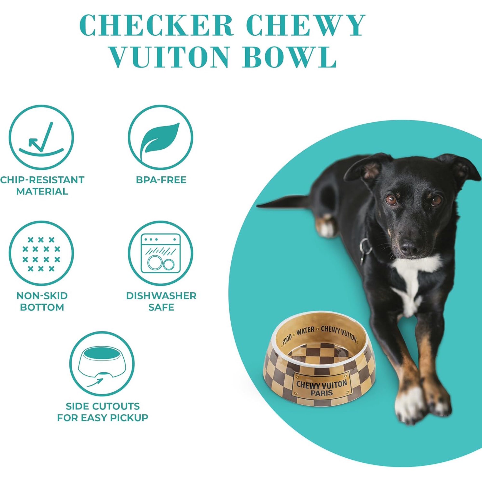 Checker Chewy Vuiton Dog Bowls & Placemat, BPA-Free Food & Water Bowls, Non-Skid, Dishwasher Safe, Includes Food Mat, Small Size, Case of 2.