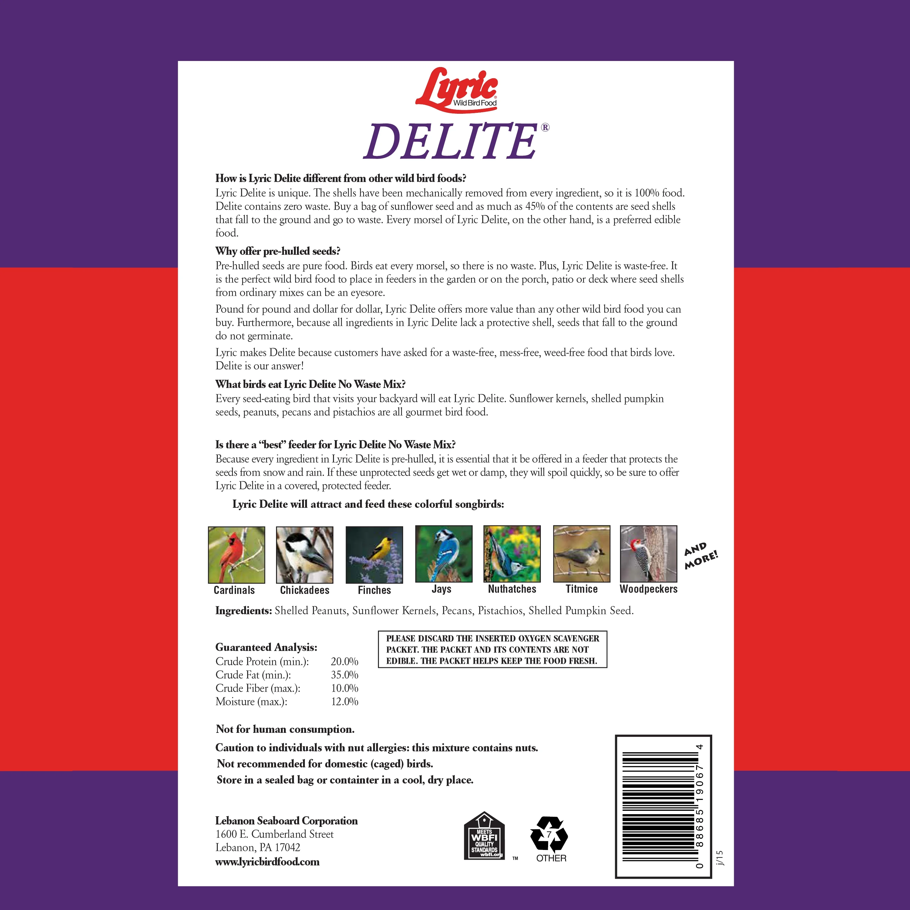 Lyric Delite Wild Bird Seed, No Waste Bird Food with Shell-Free Nuts & Seeds - 20 lb. Bag