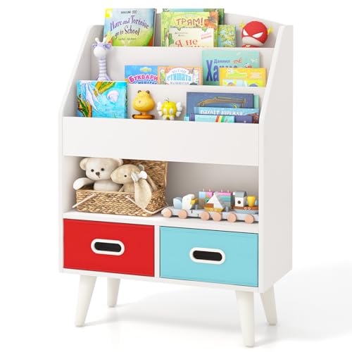 HONEY JOY Kids Bookshelf, Wooden Book Shelf for Kids Rooms with Toy Storage Organizer, Easy Reach Toddler Children Bookshelf with 2 Cube Bins, for Classroom, Playroom, Nursery, Kindergarten (White)