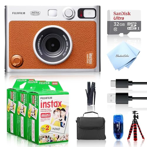 Fujifilm Instant Mini EVO Hybrid Camera (Black) Bundle with 60 Instant Film Sheets + 32GB Memory Card + Small Padded Case + SD Card Reader + Flex Tripod + BluebirdSales Microfiber Cleaning Cloth