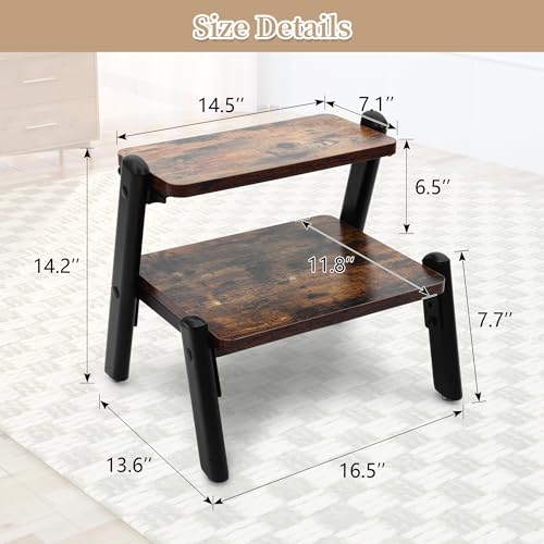 Wooden Step Stool for Adults Kids,Bedside Step Stools for High Beds,Kitchen Step Stool,Heavy Duty Sturdy 2 Step Stool,Widened Metal Frame, Holds up to 500 LB (Black)