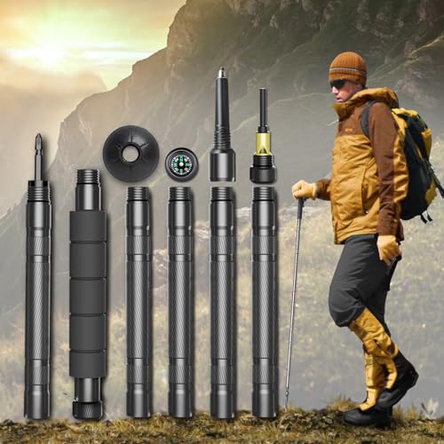 Hiking Stick Collapsible Walking Stick Staff for Hiking Outdoor Trekking Pole with Compasse, Whistle, etc. (1 Stick)