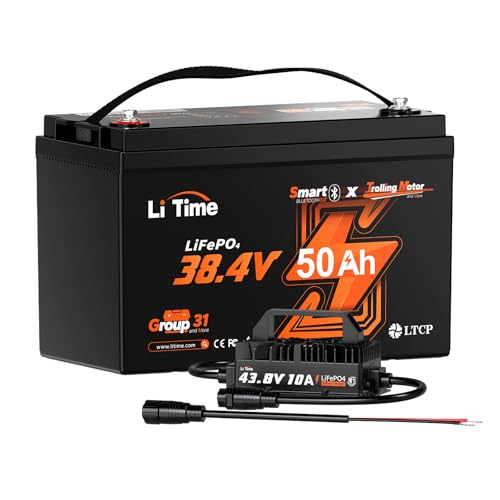 LiTime 36V 50Ah Trolling Motor Bluetooth 5.0 Low-Temp Protection LiFePO4 Battery with 43.8V 25A Charger, Buit in 50A BMS, Deep Cycle Group31 Lithium Battery Perfect for Trolling Motors, Marine