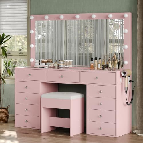 Vanity Desk & Power Outl, Makeup Vanity with Mirror and 12 LED Lights, Makeup Table with 11 Drawers, Vanity Table with Chair,Set 3 Lighting Modes Brightness Adjustable-(White)