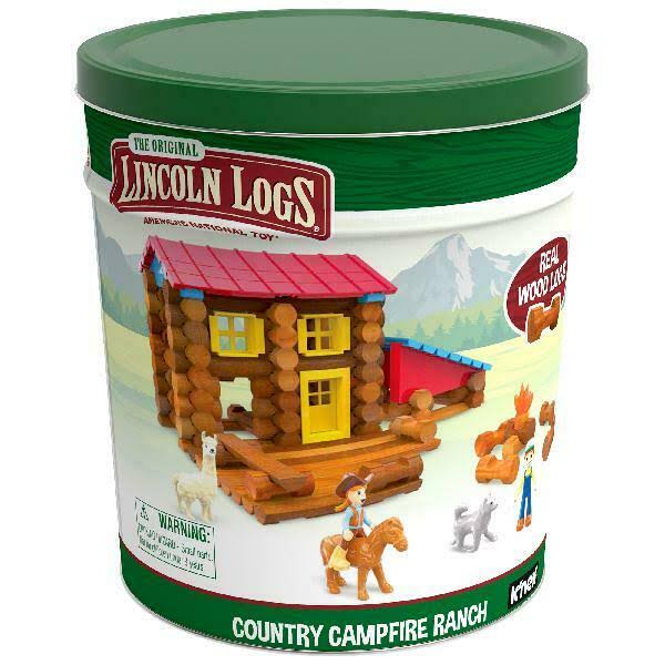Lincoln Logs Country Campfire Ranch, Real Wood Logs, 124 Pieces, Collectible Tin