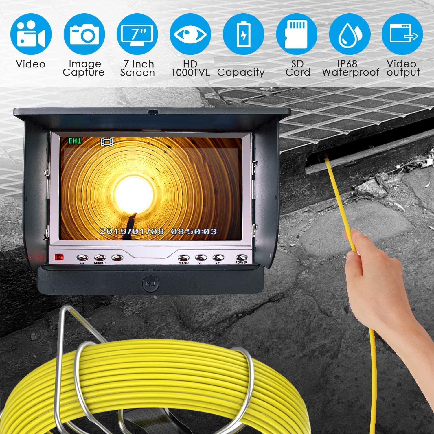 Sewer Inspection Camera with 7'' Screen, 100 FT Waterproof Snake Cable, 12pcs Adjustable LED Lights, Sewer Industrial Endoscope Scope Camera for Home Wall Duct Drain Pipe Plumbing
