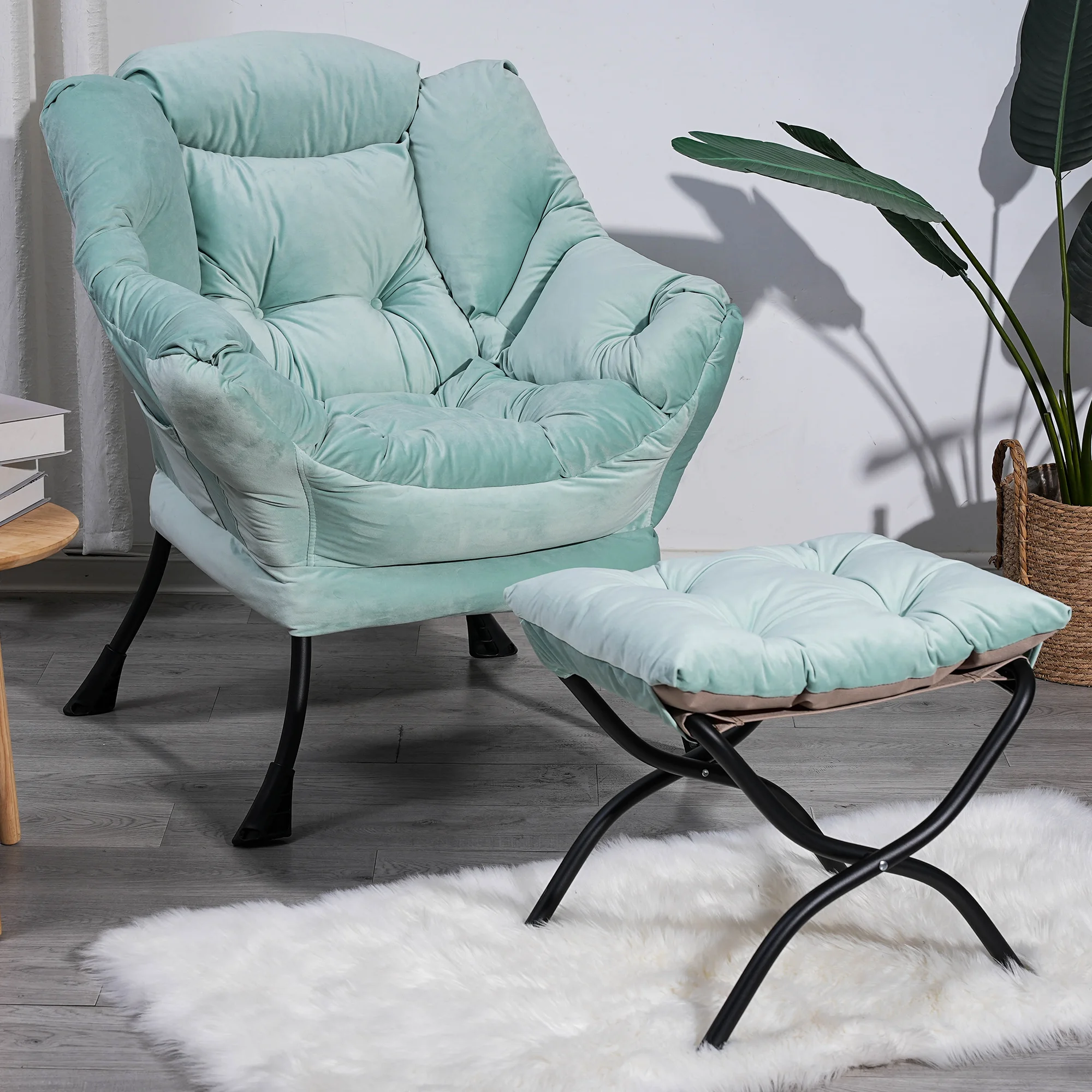 PAPROOS Reading Chair with Ottoman, Modern Lazy Chair Upholstered Fabric Accent Chair Leisure Sofa Chair for Living Room, Comfy Lounge Chair with Armrests, Footrest and Side Pocket, Green