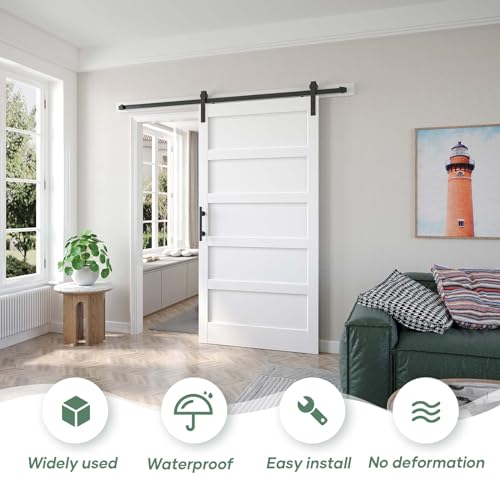 Fredbeck Double 21inx84in White Barn Door and 7FT Sliding Barn Door Hardware Kit Included,Solid,MDF, PVC Surface,DIY Assembly,5-Panel,Fit 38in-41in Opening