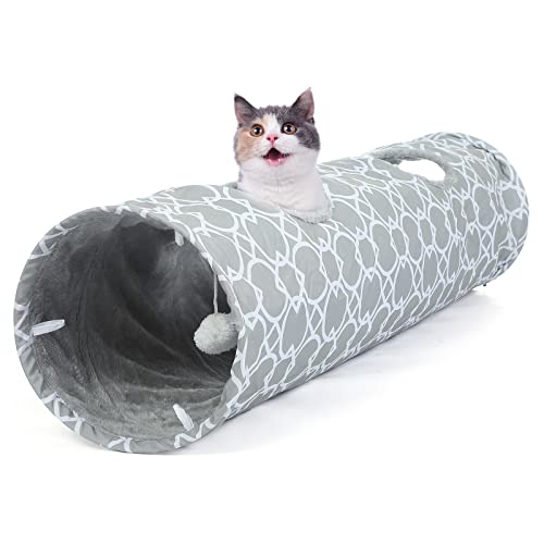 LUCKITTY Geometric Straight Cat Tunnel with Plush Inside,Cats Toys Collapsible Tunnel Tube with Balls, for Rabbits, Kittens, Ferrets,Puppy, Diameter 9.8 Inch