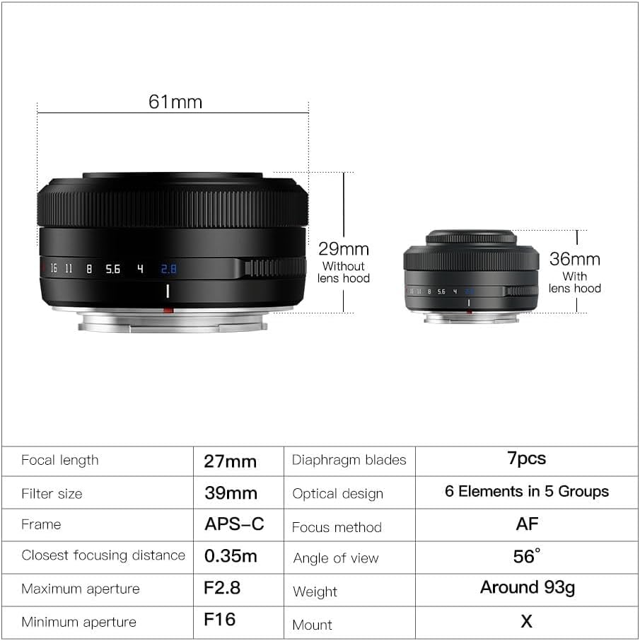 TTARTISAN AF 27mm f2.8 APS-C Frame Lens Ultra-Compact Pancake Lens for Fuji X Mount Cameras for Fujifilm XS10 X-E4 X-T10 X-T20 X-T3 X-T4 X-T100 X-T200 X-T30 X-Pro1 X-Pro2 X-Pro3 X-E1-Black