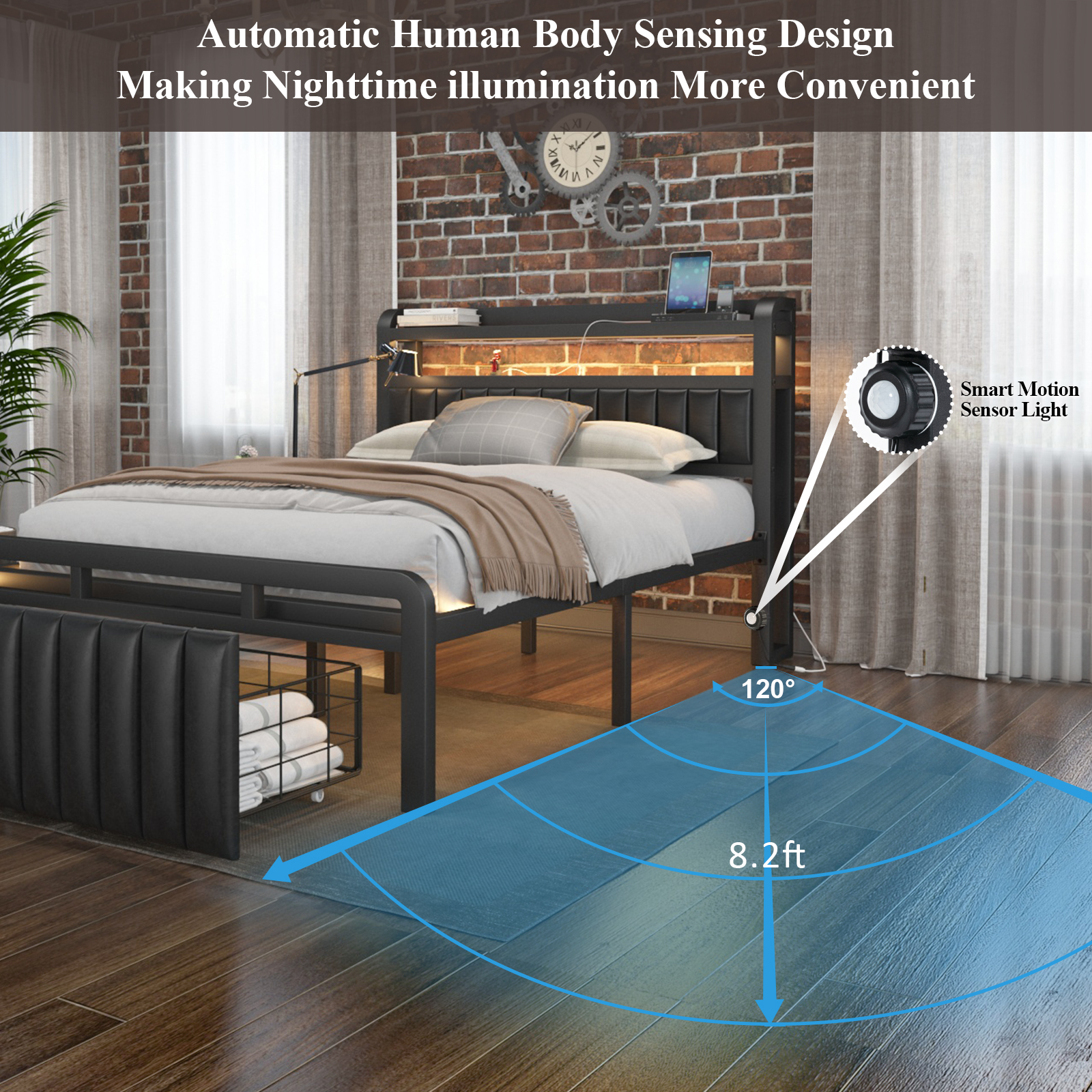 LoVinson Full Bed Frame with Storage Headboard and LED Sensor Lights, Upholstered Headboard with Charging Station, Metal Platform Bed with Drawers, Non-Slip, Noise-Free, Easy Assembly, Black