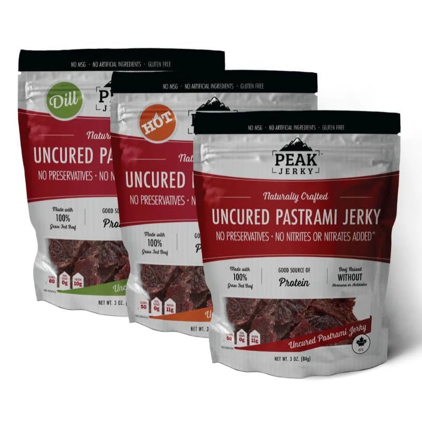 Peak Pastrami Mix (3 Pack) - Original, Dill, and Hot Grass Fed Beef Jerky with NO Artifical Ingredients, Sugar, or Gluten.