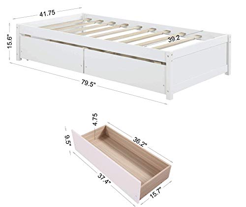 SOFTSEA Twin Size Platform Bed with Storage Drawers, Wooden Platform Bed Frame with 2 Drawers, Storage Platform Bed with Headboard, Multifunctional Storage Bed for Guestroom Bedroom, White