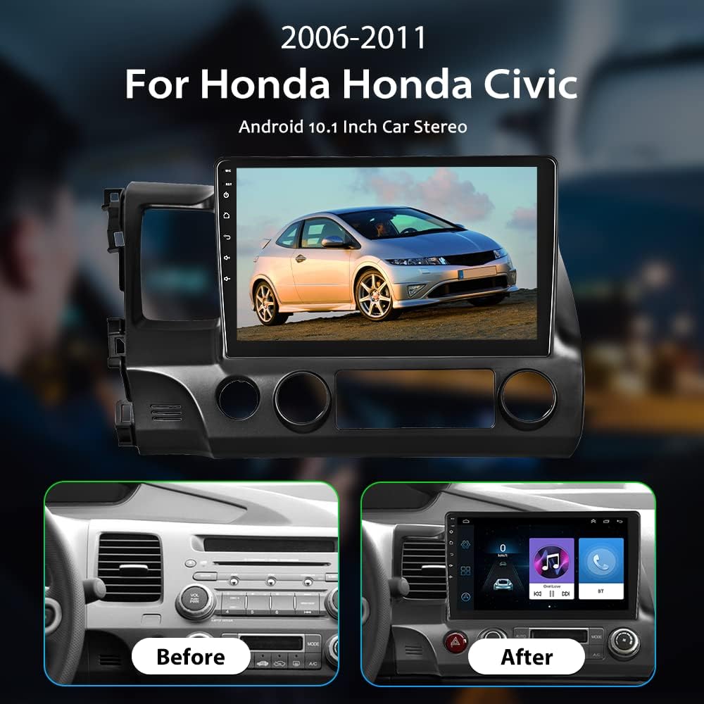 for Honda Civic Car Stereo 10.1 Inch Android Head Unit for Civic 2006-2011 Touch Screen Car Radio with Navigation Bluetooth FM WiFi USB SWC+Backup Camera