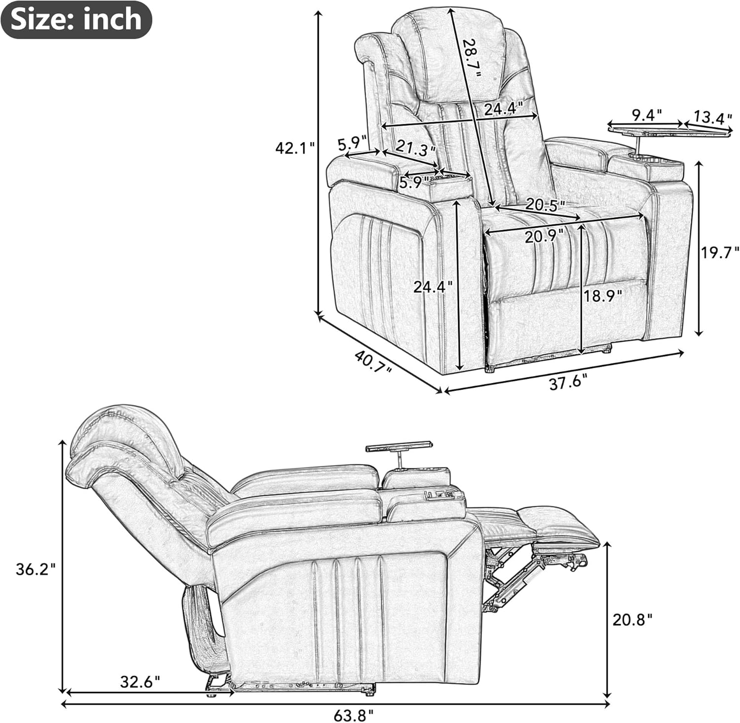 PU Leather Power Recliner Home Theater Recliner with Power Adjustable Headrest, Wireless Charging Device, USB Port, Storage Arms, Cup Holder and Swivel Tray Table for Living Room, Black