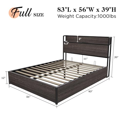 Albott Full Size Bed Frame with Lift Up Storage, Wooden Platform Bed Frame with Storage Headboard ＆ Charging Station, No Spring Box Needed/Noise Free, Rustic Brown